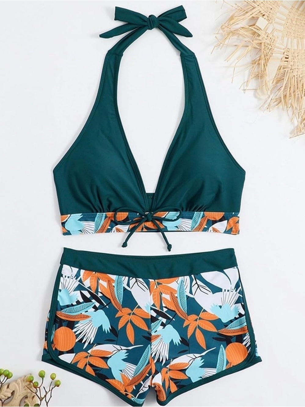 NIP Green and Orange Leaf Print Women's Swim Set